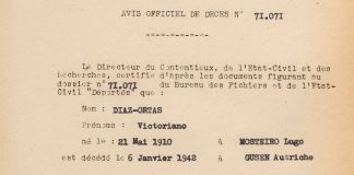 A notificación de defunción de Vitorino Díaz Hortas, un dos lucenses deportados a Mauthausen | ARMH