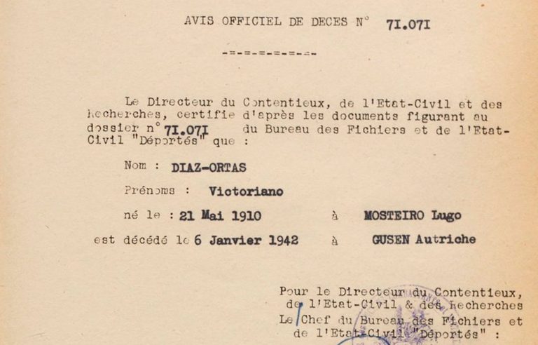 A notificación de defunción de Vitorino Díaz Hortas, un dos lucenses deportados a Mauthausen | ARMH