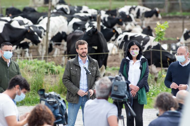 Pablo Casado louva a xestión rural de Feijóo durante a visita a unha granxa de Cospeito