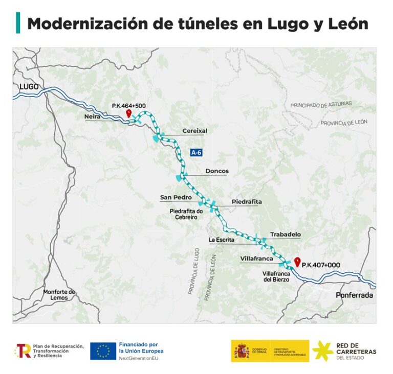 Obras de mellora na A-6: cortes no túnel de San Pedro durante catro días